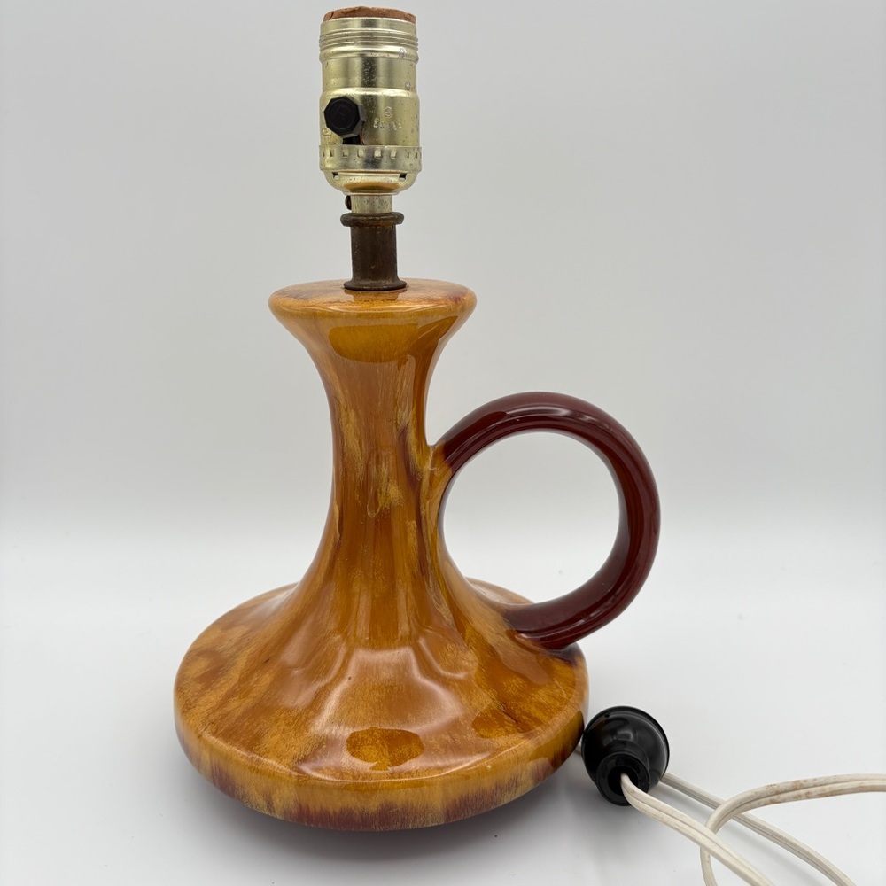 Pottery Table Lamp Base Unique Handle Design Harvest Gold Drip Glaze No Shade